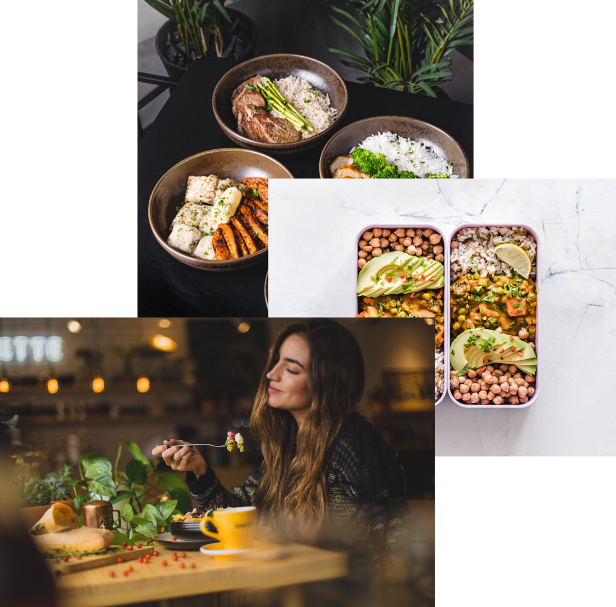 Woman enjoying food,Meals in storage Container, and food bowls on table